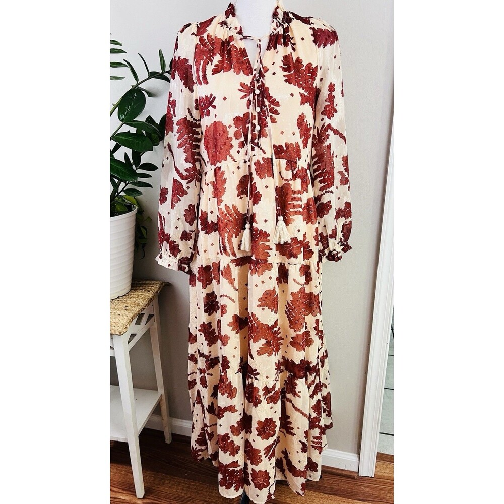 Polagram Cream & Red Big Rose Print Woven Flowy Maxi Dress Boho Prairie Small - Picture 2 of 12